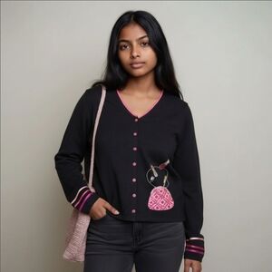 Michael Simon Cardigan Sweater Medium Black Beaded Sequin Crochet Button Up Y2k